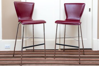 Sleek Pair Of Red Bar Stools