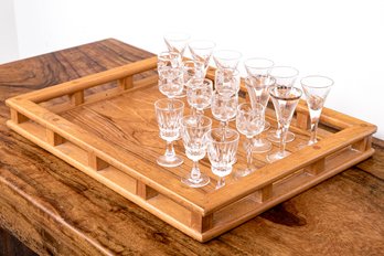 Teak Serving Tray With Eighteen Assorted Stemmed Cups