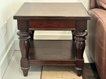 Vintage Dark Stained End Table With Single Drawer