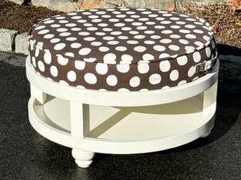 White Finished Ottoman With Polka Dot Upholstered Cushion