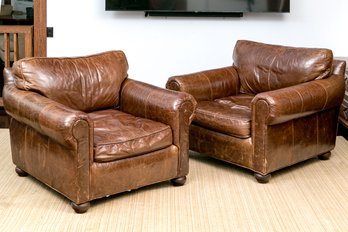 Pair Of Restoration Hardware Leather Upholstered Club Chairs
