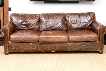 Handsome Restoration Hardware Leather Upholstered Rolled Arm Sofa