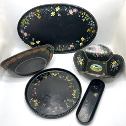 5 Vintage Hand Painted Toleware & Wood Trays, Largest Retailed For $185