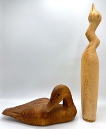 2 Vintage Hand Carved Solid Wood Duck Sculptures