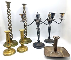 7 Vintage Brass & Silver Plate Candlesticks & Candleabras