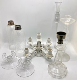 Vintage Italian Rococo Candelabra, 5 Vintage Glass Candle Holders & 2 Hurricanes