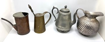 Vintage Copper Watering Can, Brass Brass Fire Starter Smudge Pot & Silver Plate Pitcher & Teapot