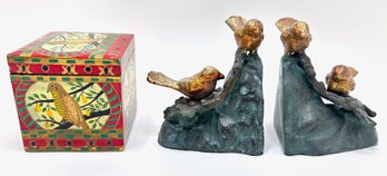Vintage Iron Gilded Bird Bookends & Hand Painted Indian Wood Box With Birds