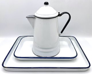 Vintage Chinese Enameled Tin Trays & Coffee Pot