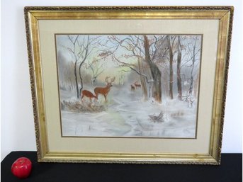 19th C. Woodland Scene Of Deer In Lemon Gilt Gesso Frame