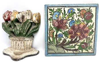 Antique Cast Iron Tulip Door Stop & Tile Trivet