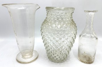 Vintage Barware: Glass Measuring Cup With Etched Numbers, Hobnail Vase & Crystal Vase