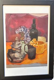 Still Life Print On Paper Depicting A Table With Teapot, Flowers And Cup