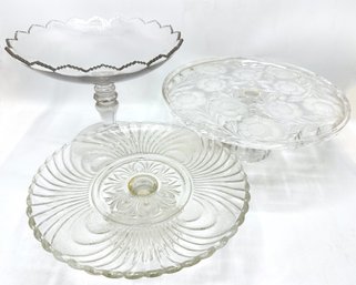 2 Vintage Crystal Pedestal Cake Plates & Candy Dish
