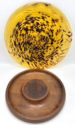 Vintage Italian Murano-Style Art Glass Platter In Tortoise Shell & Dansk Mid Century Wood Serving Plate
