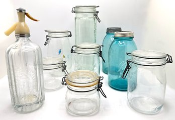 Vintage Schweppes Limited Seltzer Bottle & 7 Vintage Mason Jars By Ball, Le Tarfeit & More