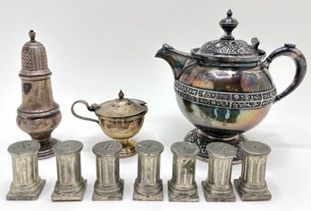 Sterling Silver Salt Shaker, Silver Plate Teapot & Condiment Dish With Cobalt Interior & 6 Mini Shakers