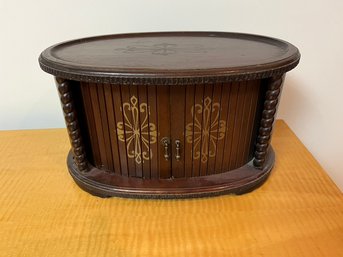 Vintage Wooden Oval Jewelry Cabinet With Charming Roll Out Doors