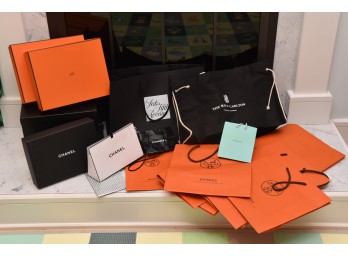 Collection Of Luxury Brand Name Boxes And  Shopping Bags Including Chanel, Hermes, Ritz Carlton, Saks Fifth Avenue, Tiffany