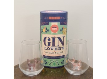 Pair Of Jeff Koons Balloon Dog Cocktail Glasses With Ridley’s Gin Lovers 500 Piece Jigsaw Puzzle