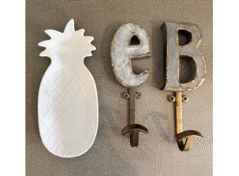 Pair Of Letter Metal Coat Hooks With White Ceramic Pineapple Trinket Dish