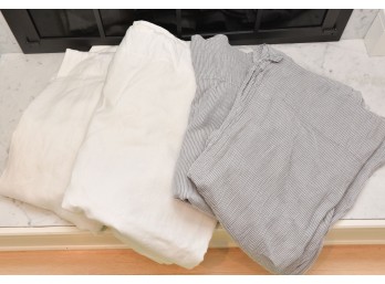 (3) Pottery Barn White Linen Lined Drapery Panels With (2) H&M 100% Cotton Searsucker Panels