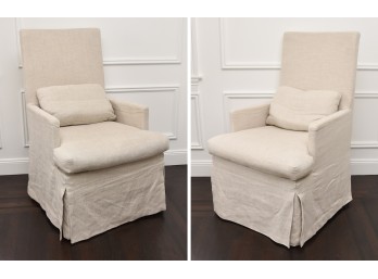 Pair Of Modern Classic Beige Custom Upholstered Rolling Arm Chairs