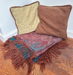 Jacquard Woven Throw With Fringe & 2 Throw Pillows
