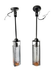 Pair Of New Long Pendent Lamps In Bronze With Crackle Glass