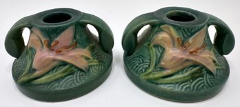 2 Rosewell Mid-Century Roseville Pottery Zephyr Lily Candle Holders