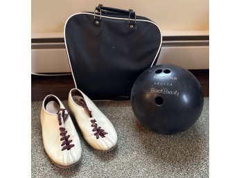 Vintage Brunswick Black Bowling Ball With Case And Bowling Shoes