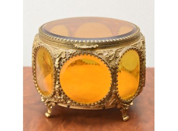 Vintage French Ormolu Jewelry Casket Box With Beveled Amber Glass Panels