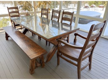 Farmhouse Style Dining Table With (5) Ladderback Chairs And Long Bench