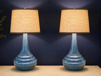 Pair Of Blue Glazed Ceramic Table Lamps With Linen Shades