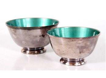 Vintage Towle Green Teal Enamel & Silverplate Bowls - A Pair