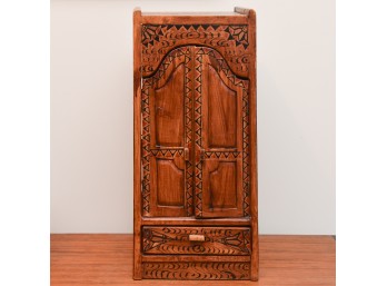 Hand Carved And Painted Inlaid Wood Tabletop Storage Chest