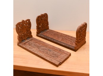 Pair Of Vintage Hand Carved Wooden Expandable Book Shelves