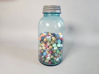 Large Vintage Blue Glass Ball Jar Full Of Fabulous Marbles