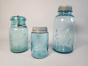 Three Vintage Blue Glass Ball Mason Jars