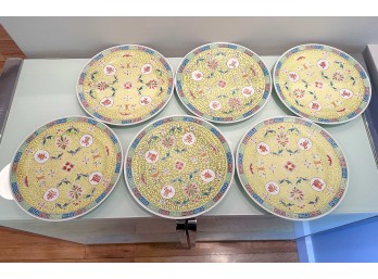 (6) Chinese Famille Jaune Mun Shou Longevity Porcelain Plates