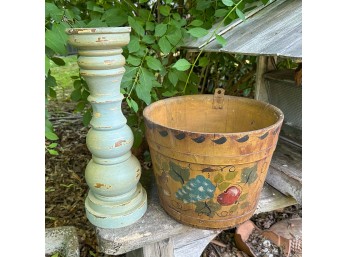 Turned Wood Pillar Candle Holder With Hand Painted Bucket