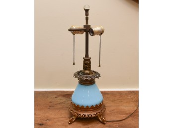 Vintage Blue Glass Table Lamp With Ornate Brass Base
