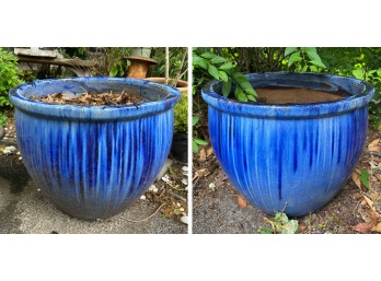 Pair Of Large Blue Drip Glaze Ceramic Planters