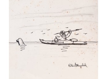 'Eskimo Kayaker' Original Pen And Ink Drawing By Alaskan Native Artist Robert Mayokok Signed