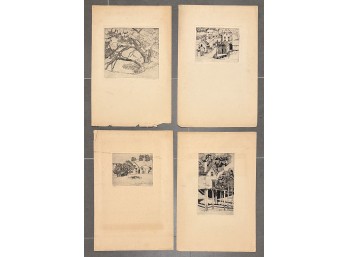 (4) Original Landscape Etchings On Paper By Artist Alice M. Hirst Signed