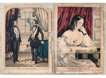 Pair Of Antique Prints 'Sons Of Temperance' And 'Reading The Bible' 14 H X 10 W Each