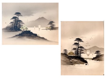 (2) Vintage Hand Painted Japanese Ink Wash Prints
