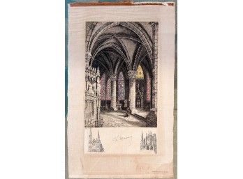 Antique Hand-colored Etching 'interior Of The Chartres Cathedral In France' By Charles Maurice