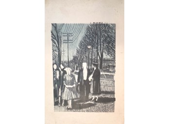 Vintage Wood Block Print 'City Crowd' Signed