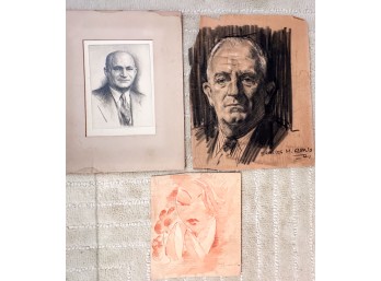 (3) Vintage Charcoal, Pencil And Water Color Portraits Signed